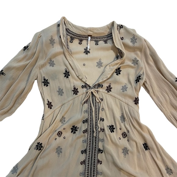 Free People Star Gazer Embroidered Peasant Dress Neutral Color Combo 3/4 Sleeve - Picture 5 of 12
